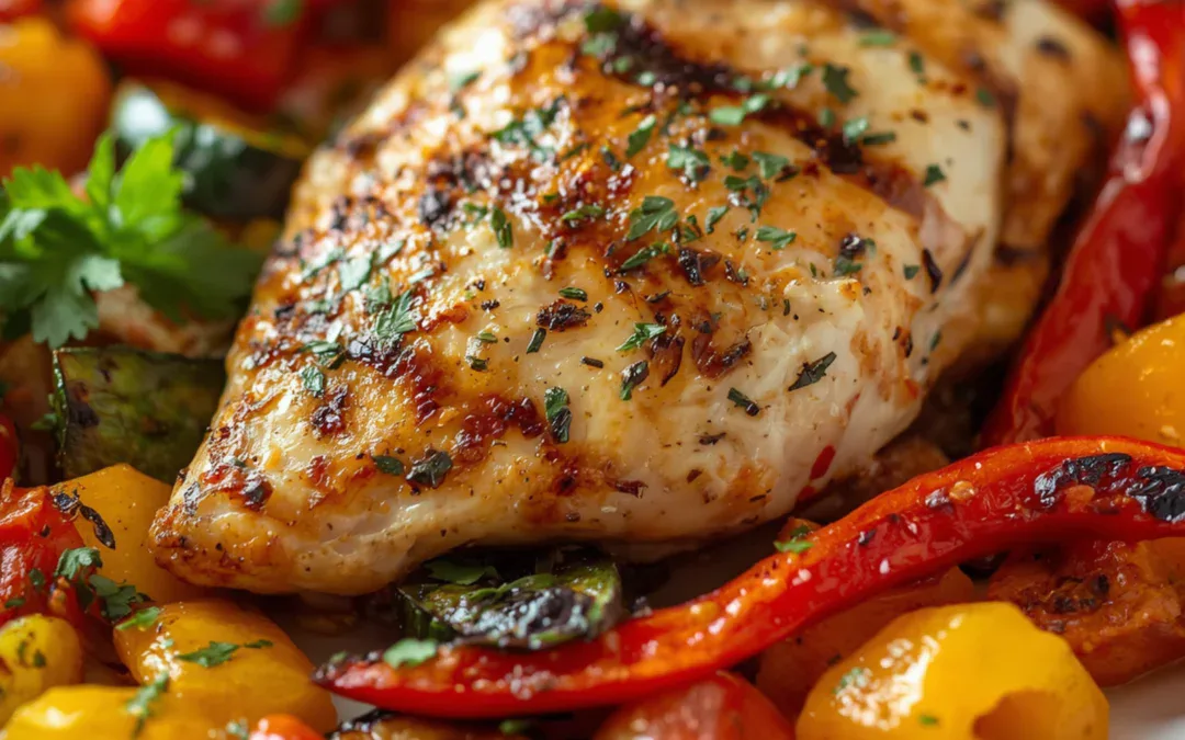 Rezept für Hähnchenbrust mit mediterraner Kräuterkruste und Ofengemüse