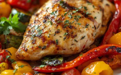 Rezept für Hähnchenbrust mit mediterraner Kräuterkruste und Ofengemüse