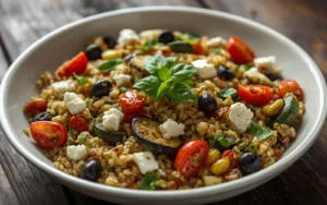 Mediterraner Farro-Salat mit Gemüse, Oliven und Feta