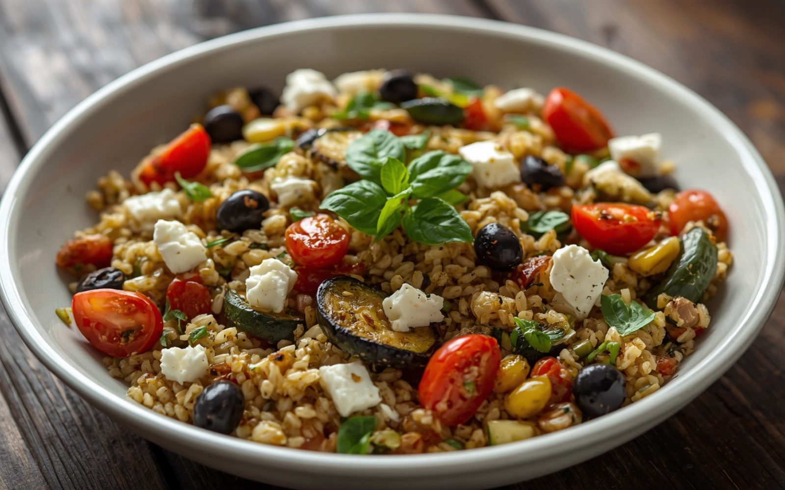 Mediterraner Farro-Salat mit Gemüse, Oliven und Feta